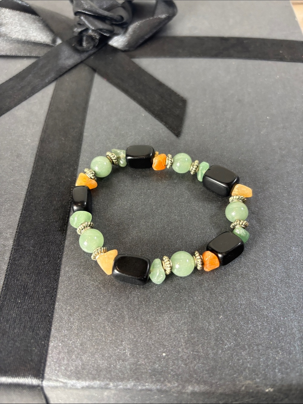 Green, Black & Orange Beaded Stretch Bracelet